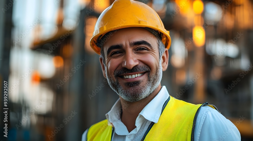 Construction worker, yellow safety helmet, high-visibility vest, smiling confidently, construction site background, professional portrait, outdoor setting, blurred industrial backdrop. Construction worker, yellow safety helmet, high-visibility vest, smiling confidently, construction site background, professional portrait, outdoor setting, blurred industrial backdrop.