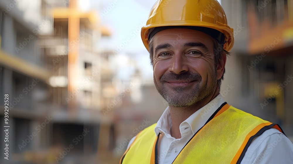Construction worker, yellow safety helmet, high-visibility vest, smiling confidently, construction site background, professional portrait, outdoor setting, blurred industrial backdrop. Construction worker, yellow safety helmet, high-visibility vest, smiling confidently, construction site background, professional portrait, outdoor setting, blurred industrial backdrop.