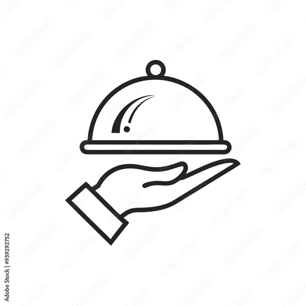 Fototapeta premium Simple vector logo of a hand holding an open platter with food, featuring smoke rising above, set against a white background