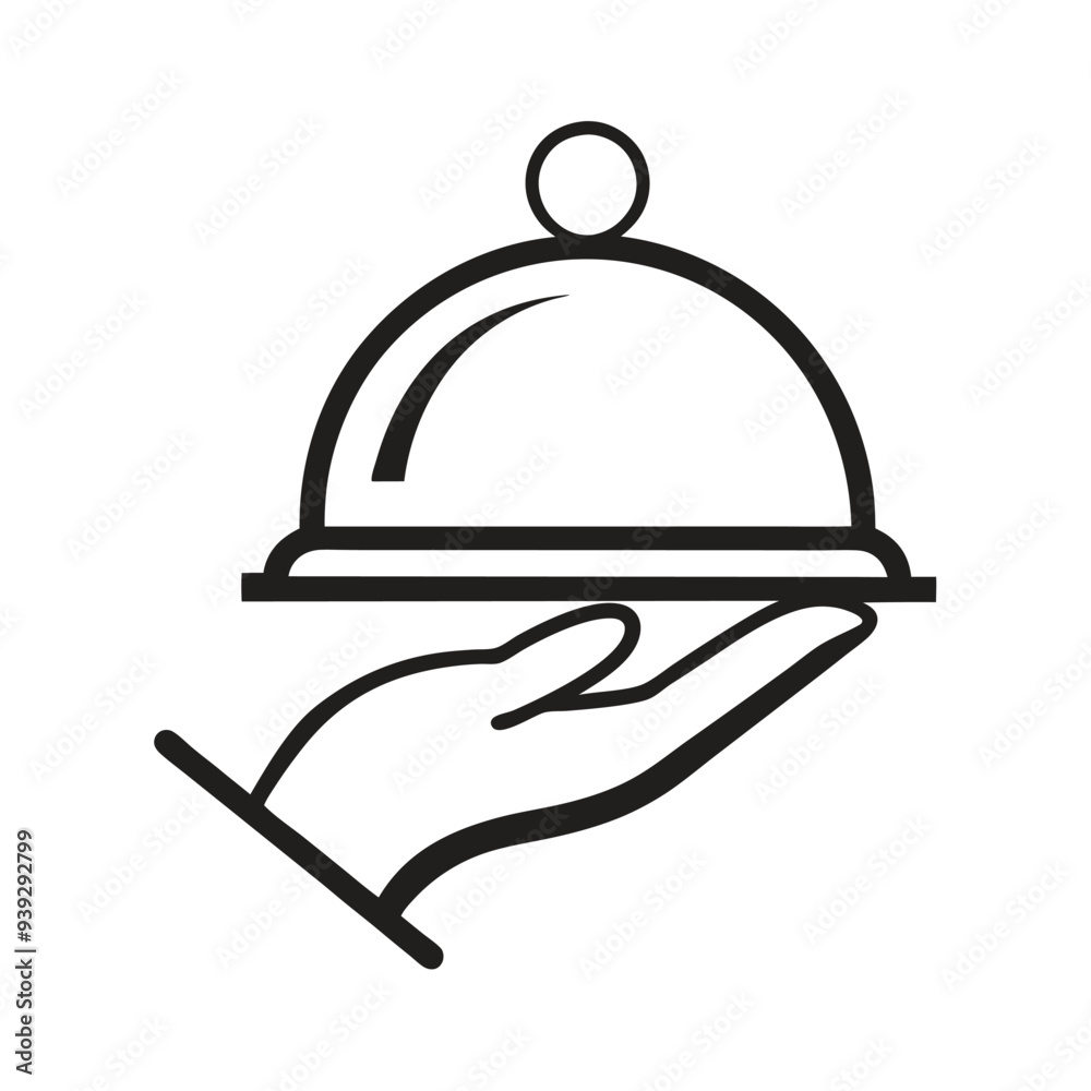 Fototapeta premium Simple vector logo of a hand holding an open platter with food, featuring smoke rising above, set against a white background