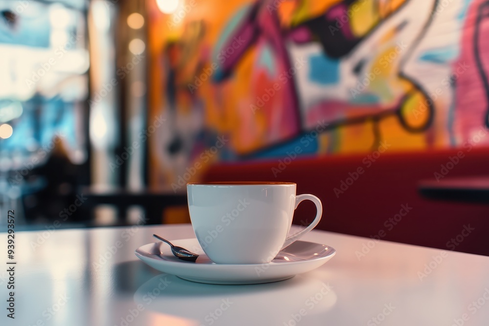 Coffee Cup on a Table with a Colorful Wall in the Background Coffee Cup on a Table with a Colorful Wall in the Background