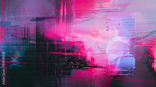 An abstract digital artwork featuring pink and purple tones with glitchy horizontal lines and blurred geometric shapes, creating a modern tech vibe.