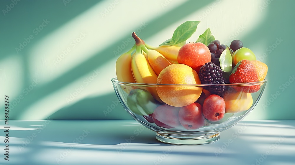 Fresh fruit arrangement, vibrant colors, clear glass bowl, assorted fruits, bright natural light, clean and minimalist backdrop, photorealistic rendering, healthy lifestyle. Fresh fruit arrangement, vibrant colors, clear glass bowl, assorted fruits, bright natural light, clean and minimalist backdrop, photorealistic rendering, healthy lifestyle.