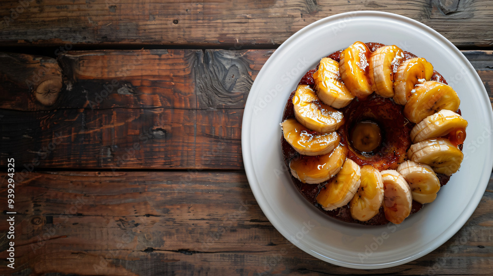 Tasty banana cake with caramel drizzle and banana slices on a white plate, placed on a rustic wooden table Tasty banana cake with caramel drizzle and banana slices on a white plate, placed on a rustic wooden table
