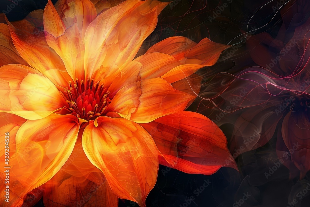 Artistic digital composite image of a vibrant orange flower against a dark, swirling backdrop Artistic digital composite image of a vibrant orange flower against a dark, swirling backdrop