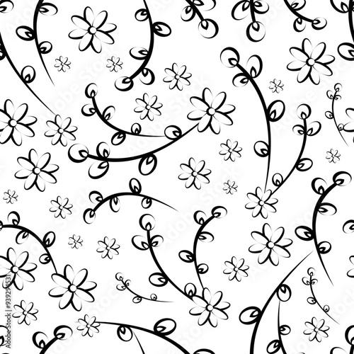 Willow and flowers seamless background in linear doodle style