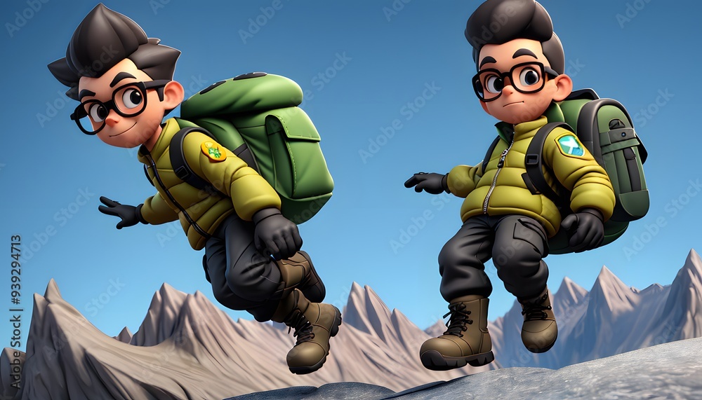 Fototapeta premium Two Cartoon Hikers in the Mountains