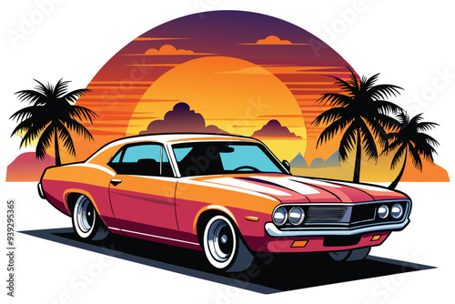 Artwork of a flat graphic design for a T-shirt featuring a car