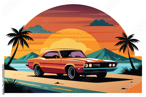 Artwork of a flat graphic design for a T-shirt featuring a car