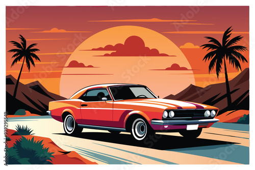Artwork of a flat graphic design for a T-shirt featuring a car