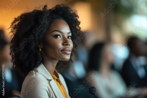 A confident Black woman addressing an audience at a conference, symbolizing leadership and representation in various fields.