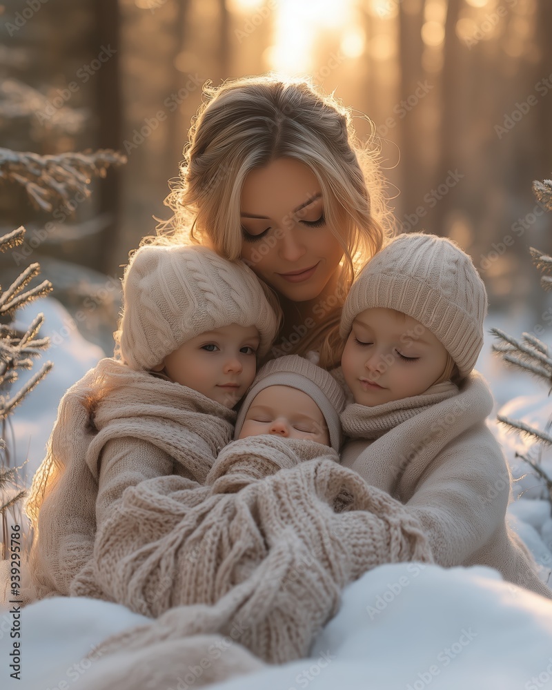 Obraz premium Mother with four children bundled up in cozy knitwear during a winter day in the forest