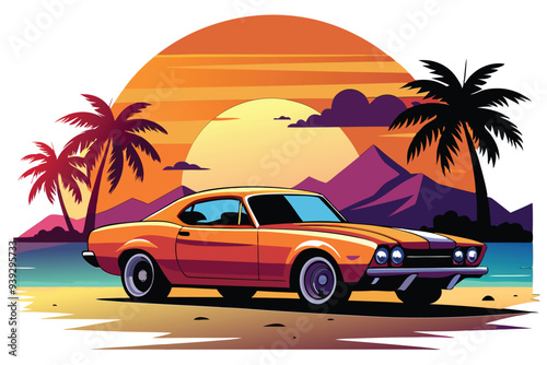 Artwork of a flat graphic design for a T-shirt featuring a car