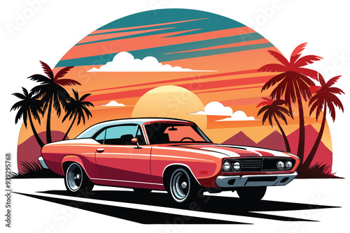 Artwork of a flat graphic design for a T-shirt featuring a car