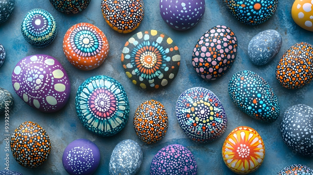 light blue background, collection of painted mandala rocks, colorful pebbles with intricate designs, bohemian art stones, vibrant patterns, dot painting technique, zen and meditation concept. light blue background, collection of painted mandala rocks, colorful pebbles with intricate designs, bohemian art stones, vibrant patterns, dot painting technique, zen and meditation concept.