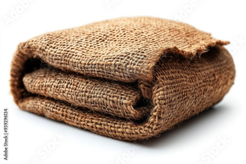 A rolled-up burlap sack against a white background.