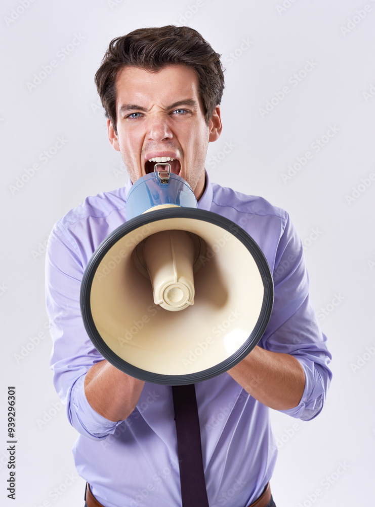 Businessman, scream and megaphone by portrait in studio for communication, announcement or breaking news. Employee, noise and voice on white background for broadcast, warning and corporate protest Businessman, scream and megaphone by portrait in studio for communication, announcement or breaking news. Employee, noise and voice on white background for broadcast, warning and corporate protest