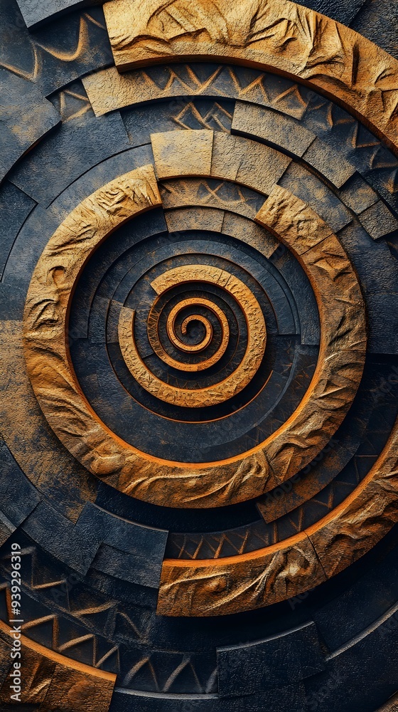 Fototapeta premium 75. Abstract 3D render with layered geometric patterns and a textured ceramic circle background