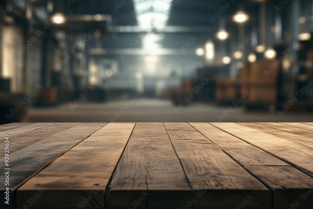 Displaying an empty wooden table featuring ample text space, placed in a gently out-of-focus industrial backdrop, ideal for highlighting promotional publications Displaying an empty wooden table featuring ample text space, placed in a gently out-of-focus industrial backdrop, ideal for highlighting promotional publications