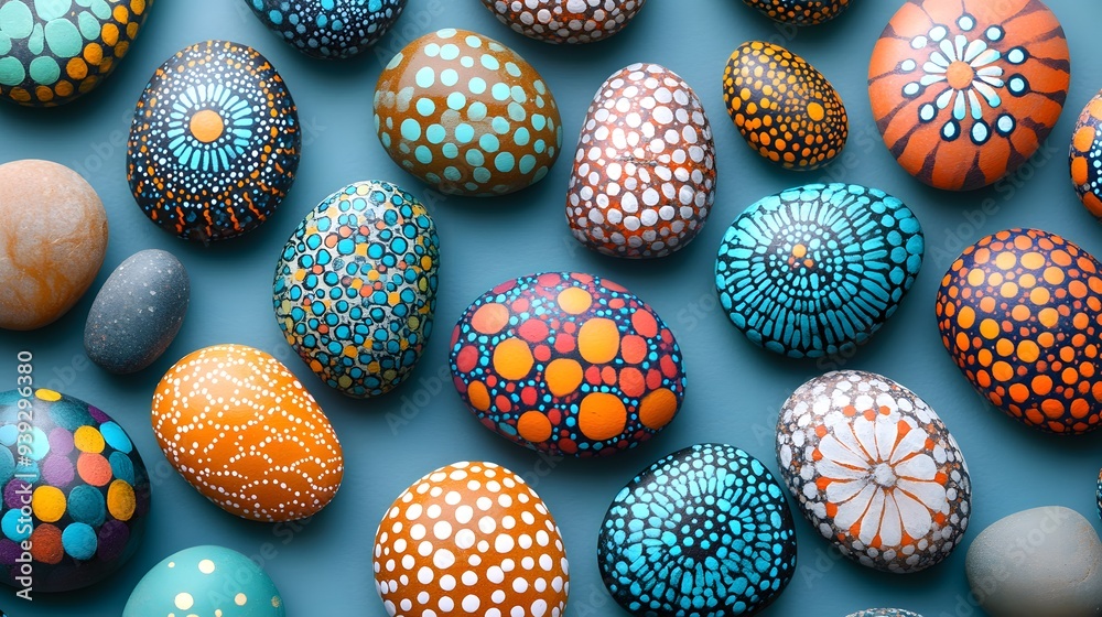 light blue background, collection of painted mandala rocks, colorful pebbles with intricate designs, bohemian art stones, vibrant patterns, dot painting technique, zen and meditation concept. light blue background, collection of painted mandala rocks, colorful pebbles with intricate designs, bohemian art stones, vibrant patterns, dot painting technique, zen and meditation concept.