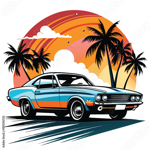 Artwork of a flat graphic design for a T-shirt featuring a car
