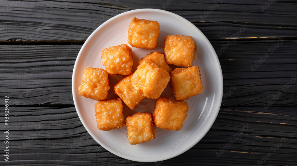 Tasty fried cheese cubes presented on a white plate atop a black wooden table, ideal for showcasing cheese-inspired dishes Tasty fried cheese cubes presented on a white plate atop a black wooden table, ideal for showcasing cheese-inspired dishes