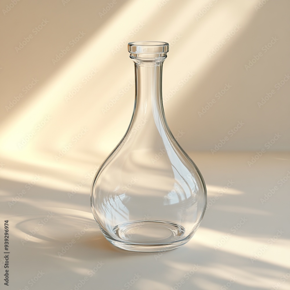 Empty glass decanter with sunlight shining through on a beige background. Empty glass decanter with sunlight shining through on a beige background.