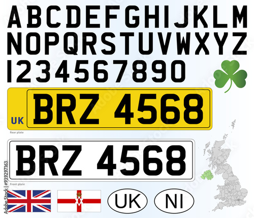Northern Ireland car license plate pattern, letters, numbers and symbols, vector illustration, United Kingdom