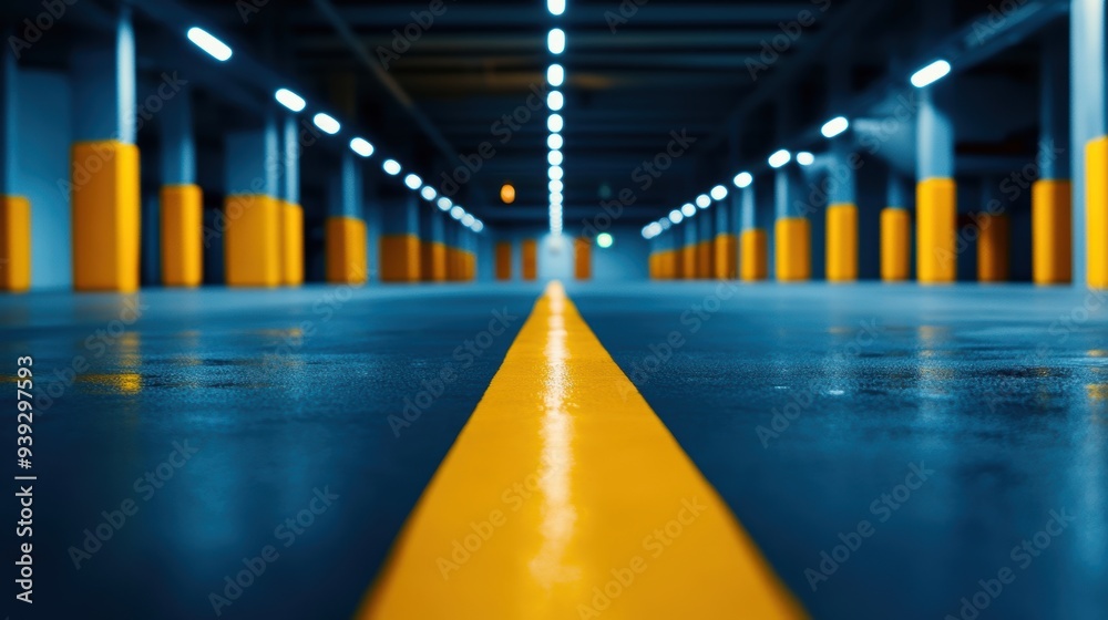 Fototapeta premium Empty underground parking garage with yellow pillars and central lined pathway at night