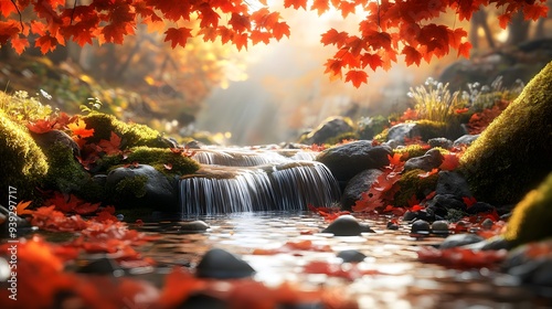 Red maple leaves, serene mountain stream, moss-covered rocks, golden hour light, gentle water flow, autumnal atmosphere, vibrant colors, tranquil forest scene, crisp air.