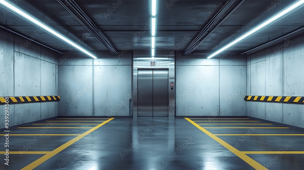 underground parking garage, silver stainless steel elevator door, white concrete walls, yellow stripe, fluorescent lighting, industrial aesthetic, empty space, symmetrical composition. underground parking garage, silver stainless steel elevator door, white concrete walls, yellow stripe, fluorescent lighting, industrial aesthetic, empty space, symmetrical composition.
