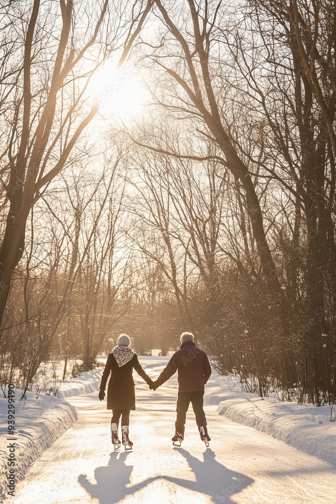 Couple ice skating together on a snowy path during winter sunset in a serene outdoor setting Couple ice skating together on a snowy path during winter sunset in a serene outdoor setting