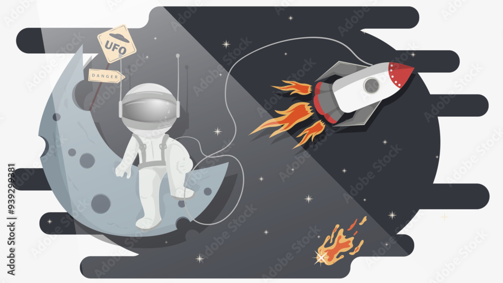 Fototapeta premium An astronaut in a spacesuit sits among the stars on the planet moon a rocket flies by flat childrens doodles