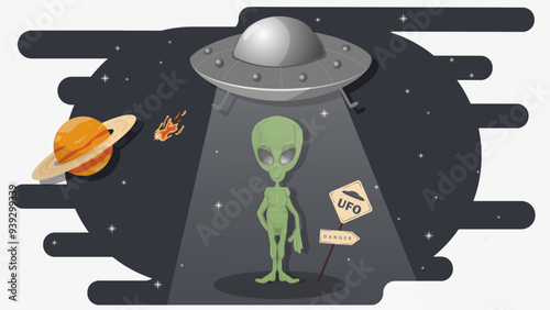 A flying saucer from outer space takes an alien aboard flat childrens doodles