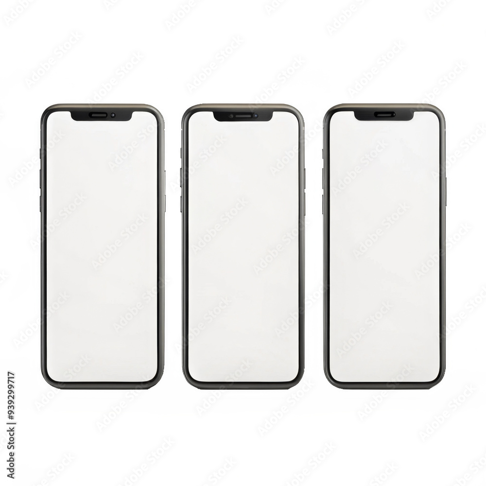Three Smartphones with Blank Screens on a Transparent Background Three Smartphones with Blank Screens on a Transparent Background
