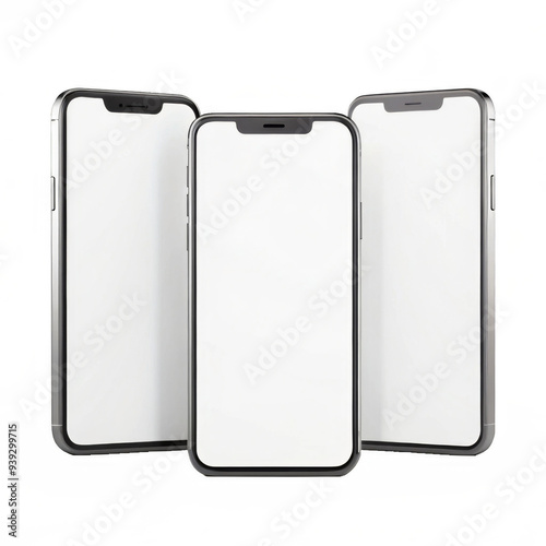 Three Smartphones with Blank Screens on a Transparent Background