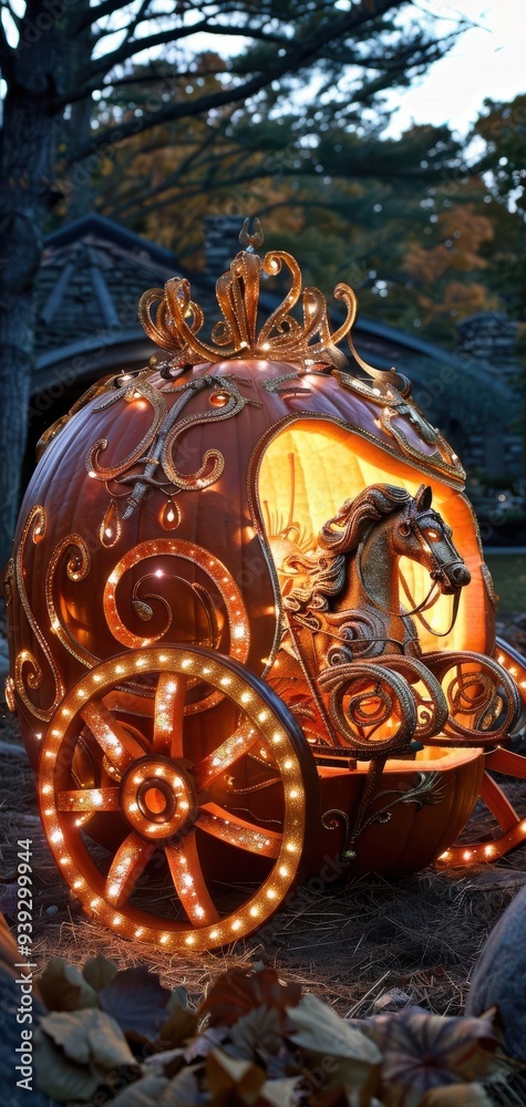 Obraz premium A beautifully lit pumpkin carriage with intricate details, set in a magical outdoor setting, perfect for fairy tale fans and fantasy themes.