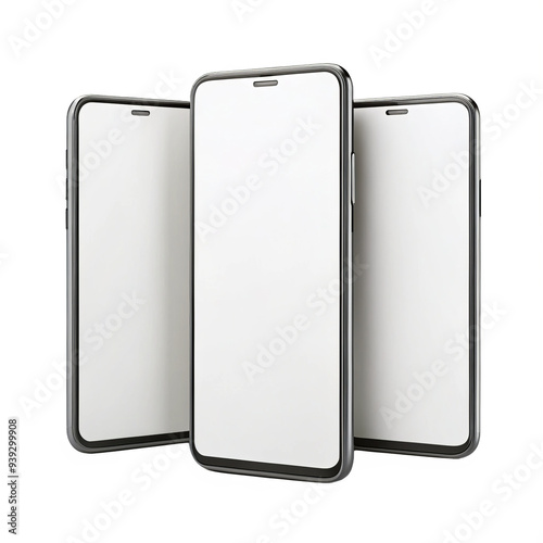 Three Smartphones with Blank Screens on a Transparent Background