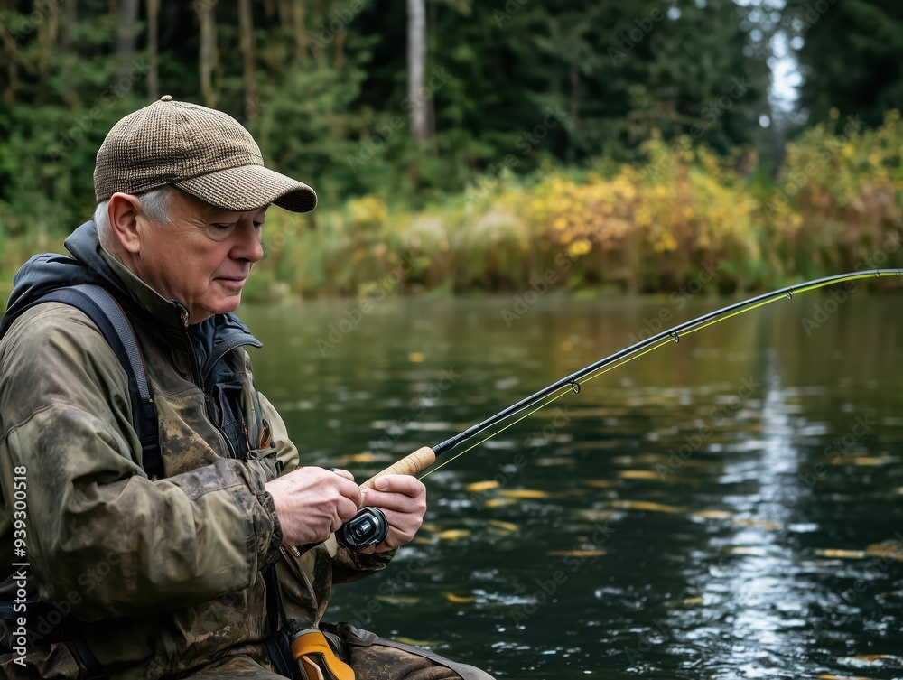 Mature Fisherman Enjoying Peaceful Fishing Moment Mature Fisherman Enjoying Peaceful Fishing Moment