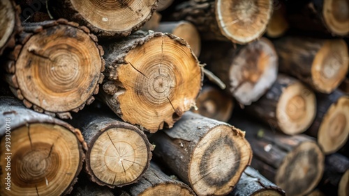 Close-up of Stacked Tree Trunks with Visible Growth Rings photo