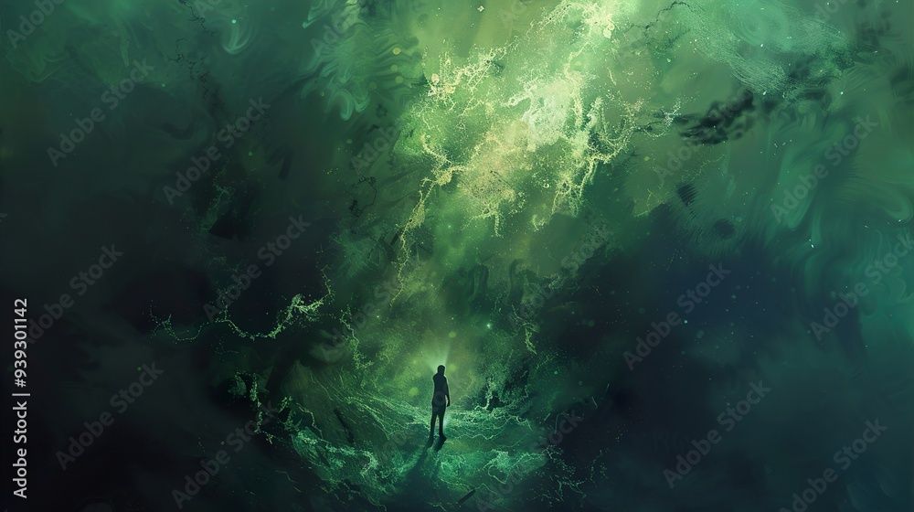 A Figure Stands in a Dreamlike Green Space