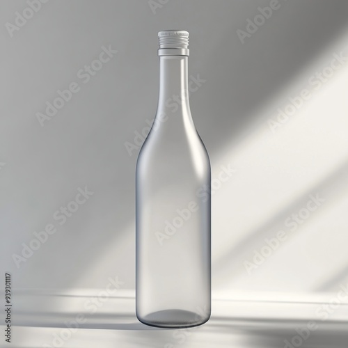 Empty glass bottle with silver cap on a white background.