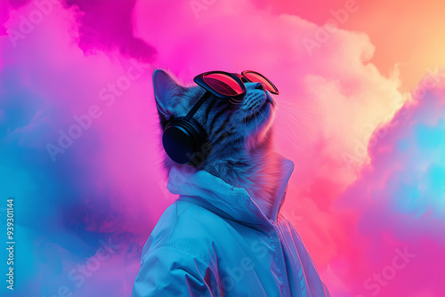 A stylish cat wearing sunglasses and a white jacket against a vivid, colorful cloud background, exuding a sense of coolness and modernity in an artistic manner.