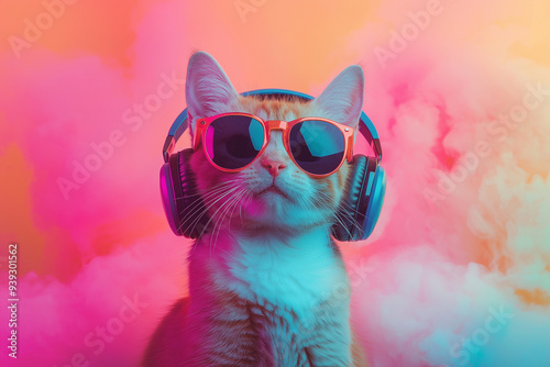 An image depicting a cat wearing headphones and sunglasses, set against a backdrop of vibrant, colorful smoke. This surreal scene merges elements of music and artistic expression.