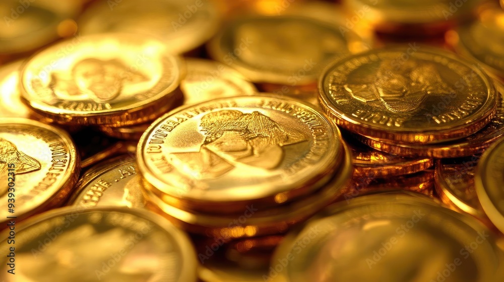 Close-up view of shiny gold coins stacked together, reflecting light beautifully, symbolizing wealth and prosperity. Close-up view of shiny gold coins stacked together, reflecting light beautifully, symbolizing wealth and prosperity.