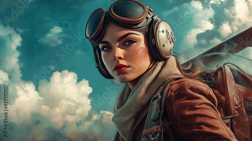 Confident female pilot in vintage aviator gear, poised against the sky.