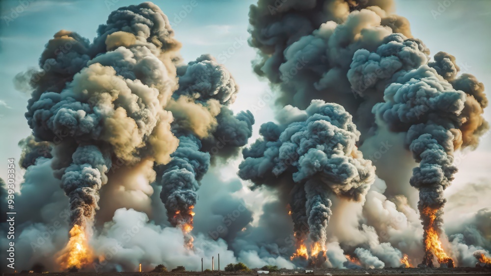 Fototapeta premium Large plumes of black smoke billowing from a fire