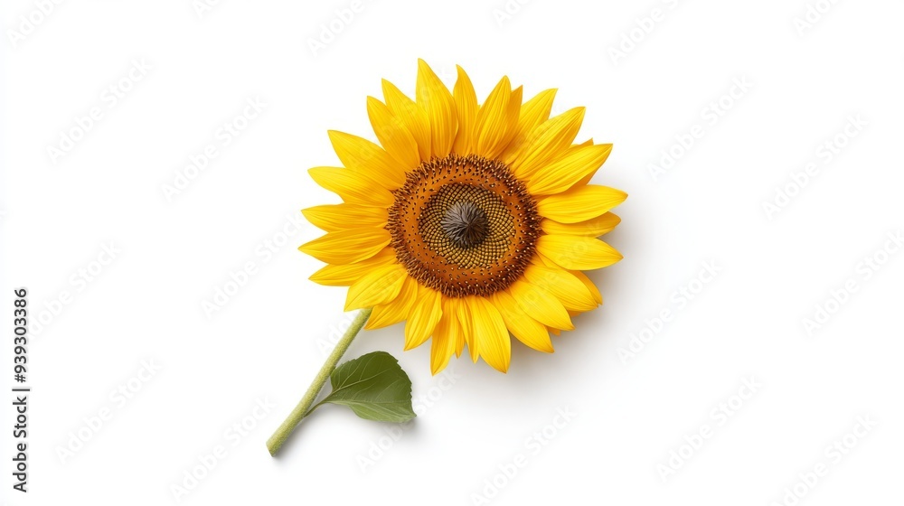 Obraz premium A 3D single icon of a blooming sunflower with vibrant yellow petals and a rich brown center rendered in a clean and simple style. The sunflower is isolated on a white background