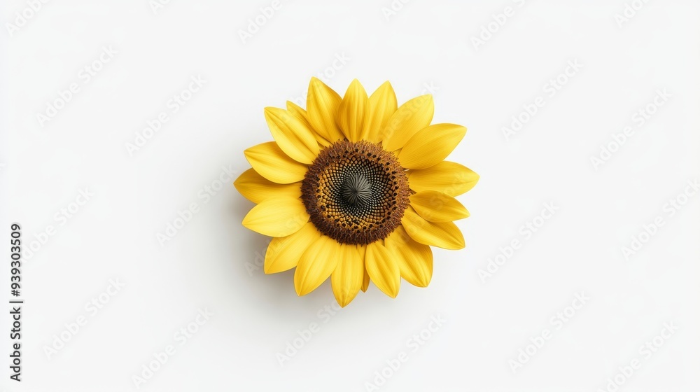 Naklejka premium A 3D single icon of a blooming sunflower with vibrant yellow petals and a rich brown center rendered in a clean and simple style. The sunflower is isolated on a white background