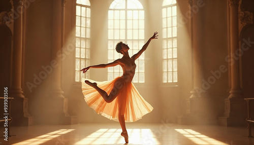 A graceful ballerina performs in a historic opera house, bathed in warm, golden sunlight. The majestic interior and elegant dance create a captivating scene.







 photo